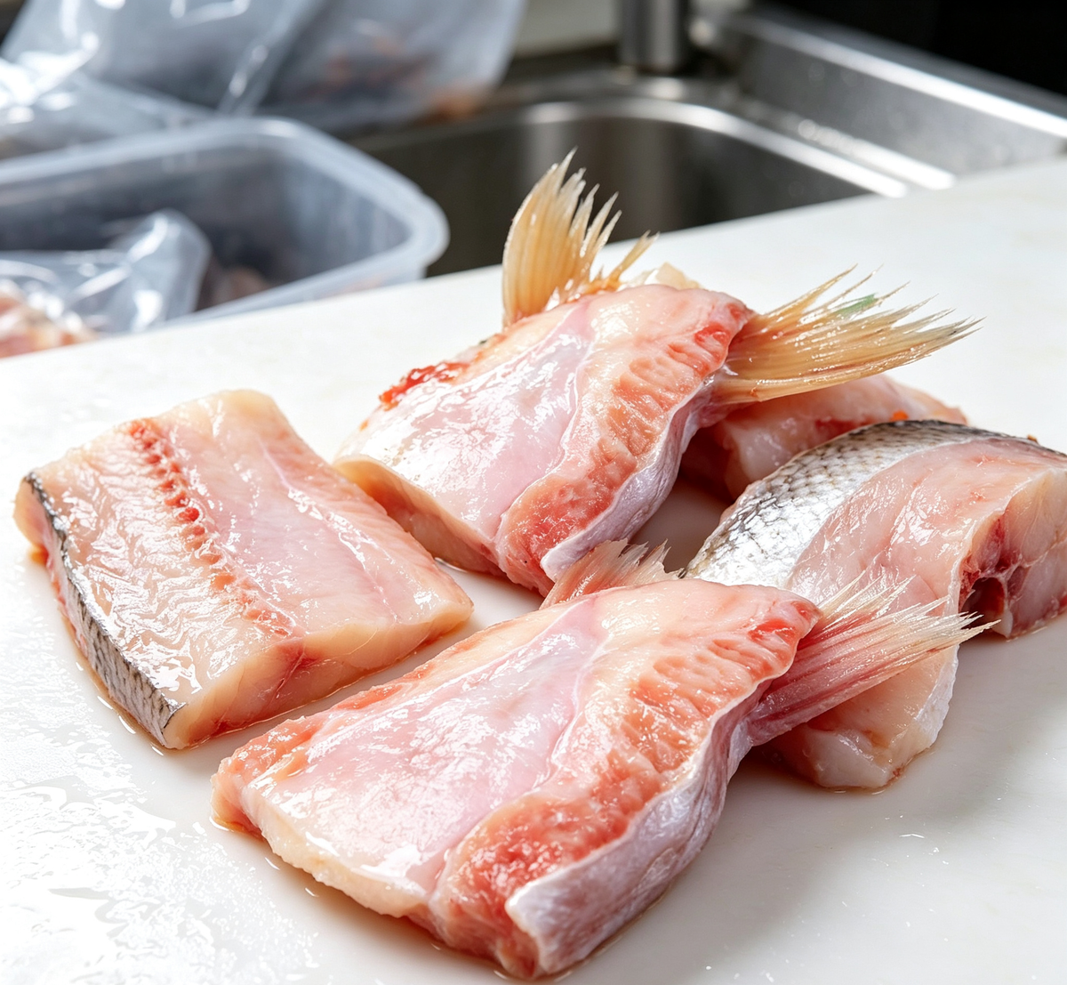 Pre-cut fish fillets arranged on a clean surface
