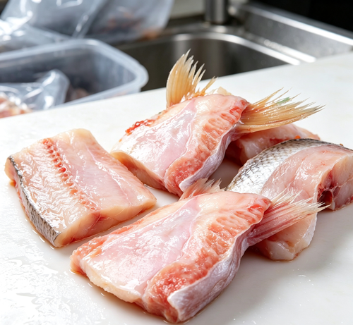 Pre-cut fish fillets arranged on a clean surface