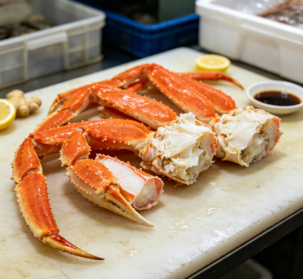 Premium crab legs with vivid orange shells and plump white meat