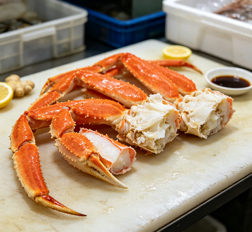 Premium crab legs with vivid orange shells and plump white meat