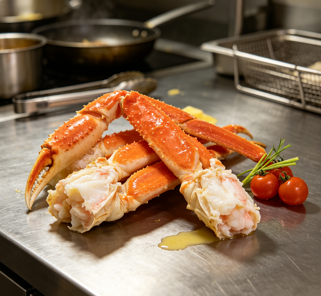 Cooked crab legs arranged on a serving platter