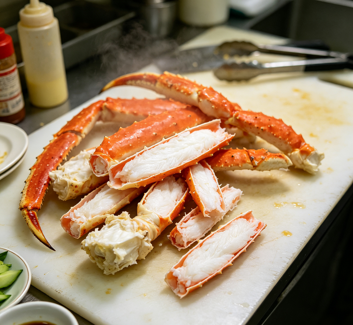 Large crab legs ready to steam, chill or grill