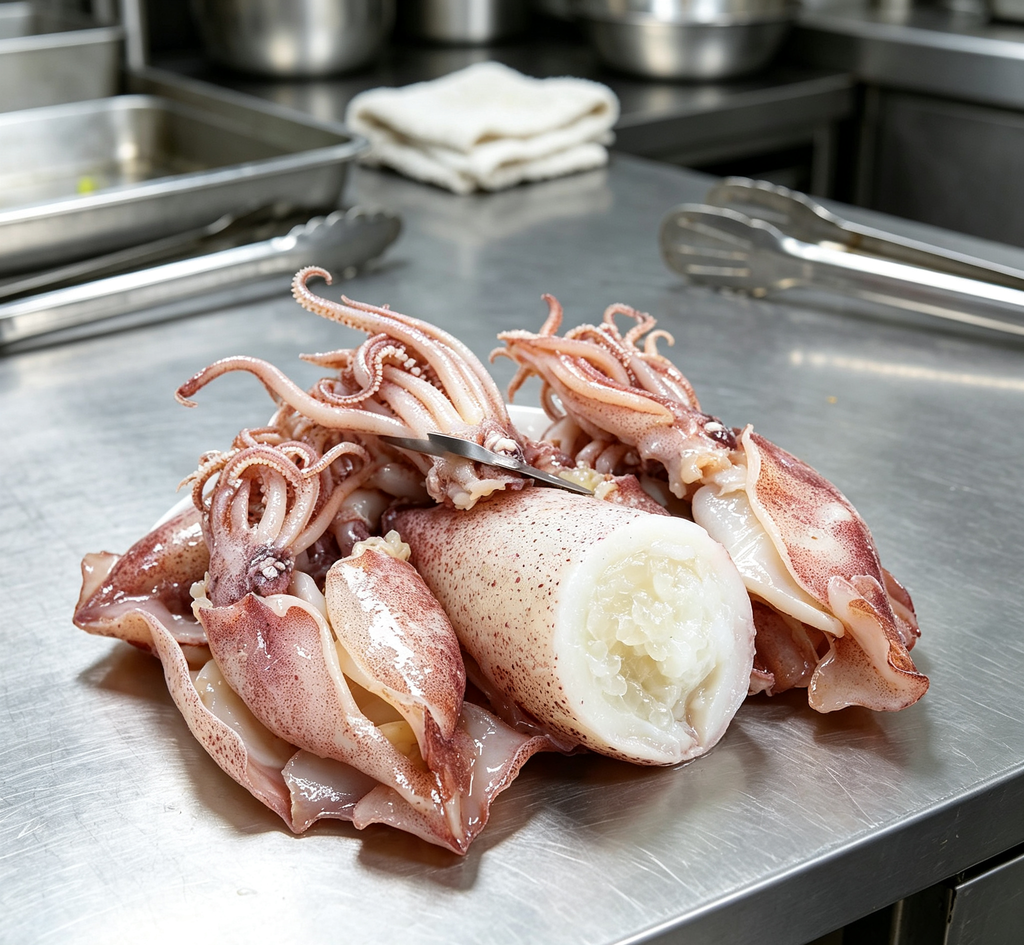 Uniform squid pieces for stir-frying, grilling or frying