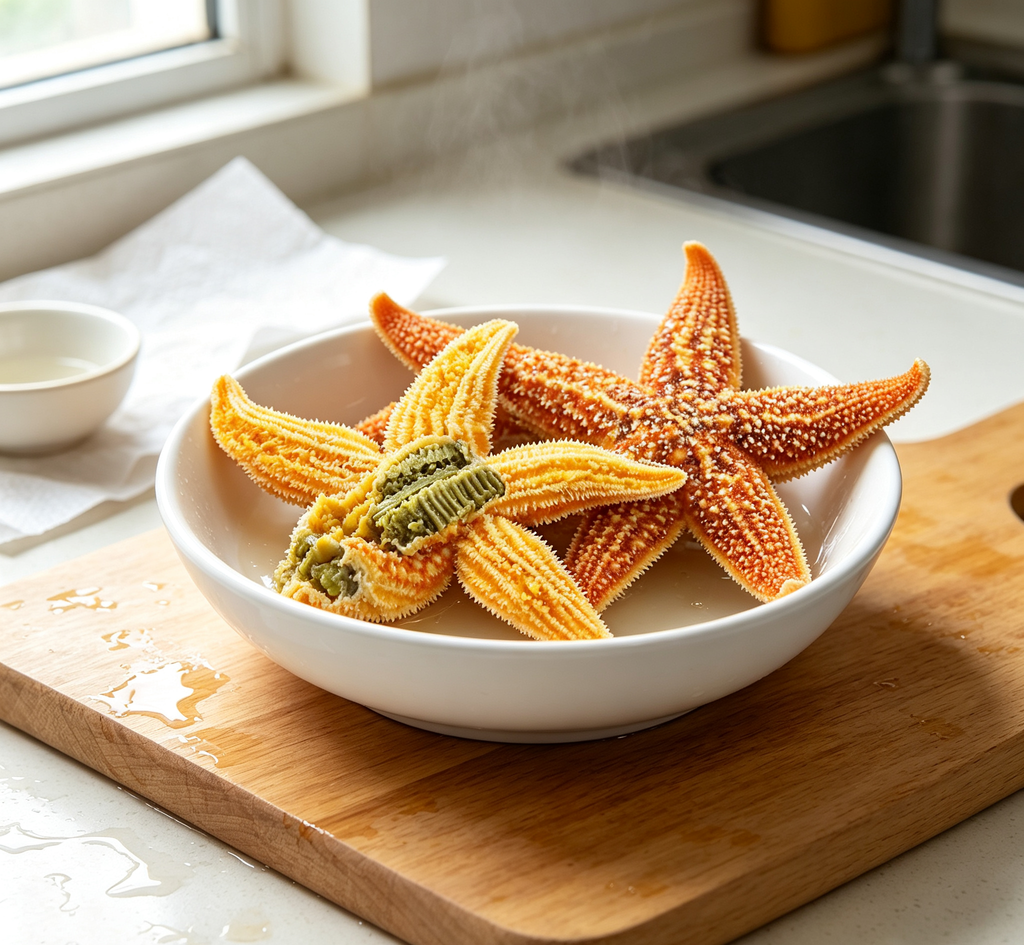 Golden star-shaped delicacy with an orange body and green filling