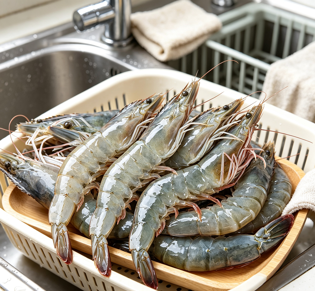 Fresh prawns in their shells ready for the grill