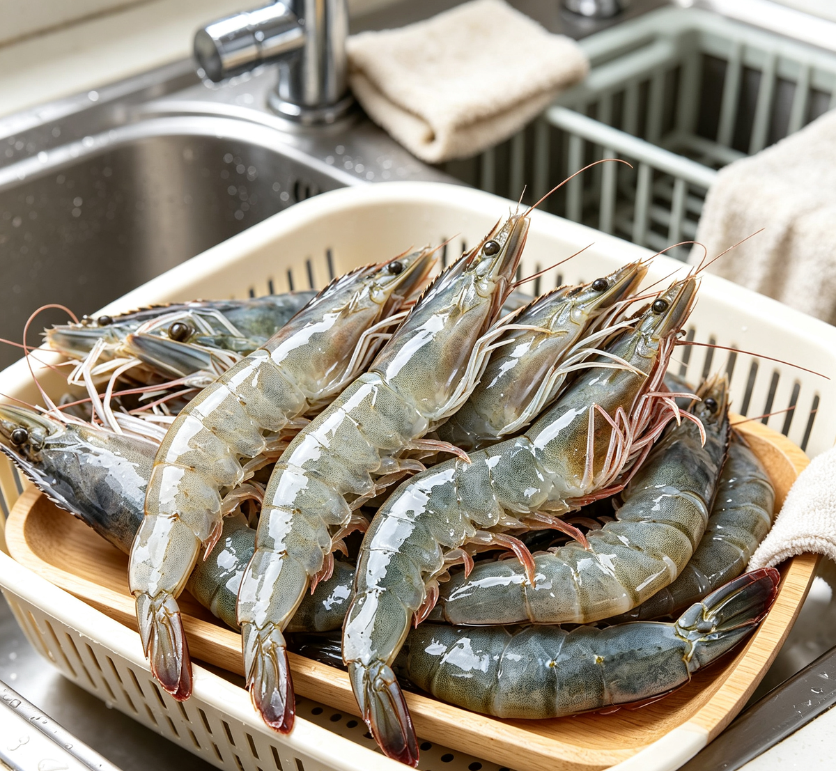 Fresh prawns in their shells ready for the grill