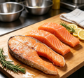 Fresh salmon steaks with vibrant orange flesh and fine marbling