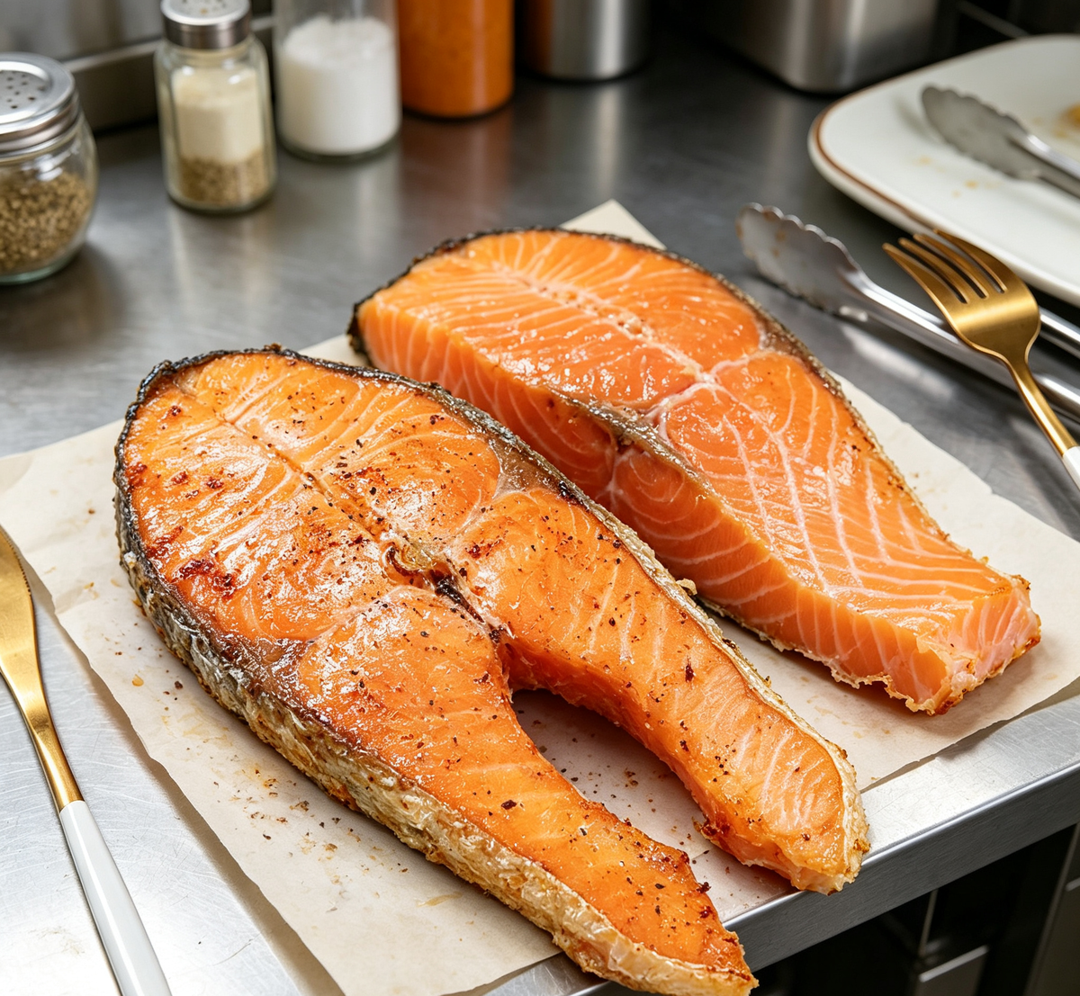 Uniformly cut salmon steaks presented for serving