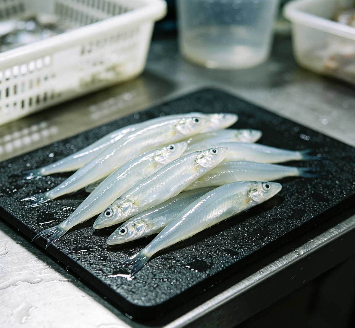 Fresh silvery-white anchovies with a delicate sheen