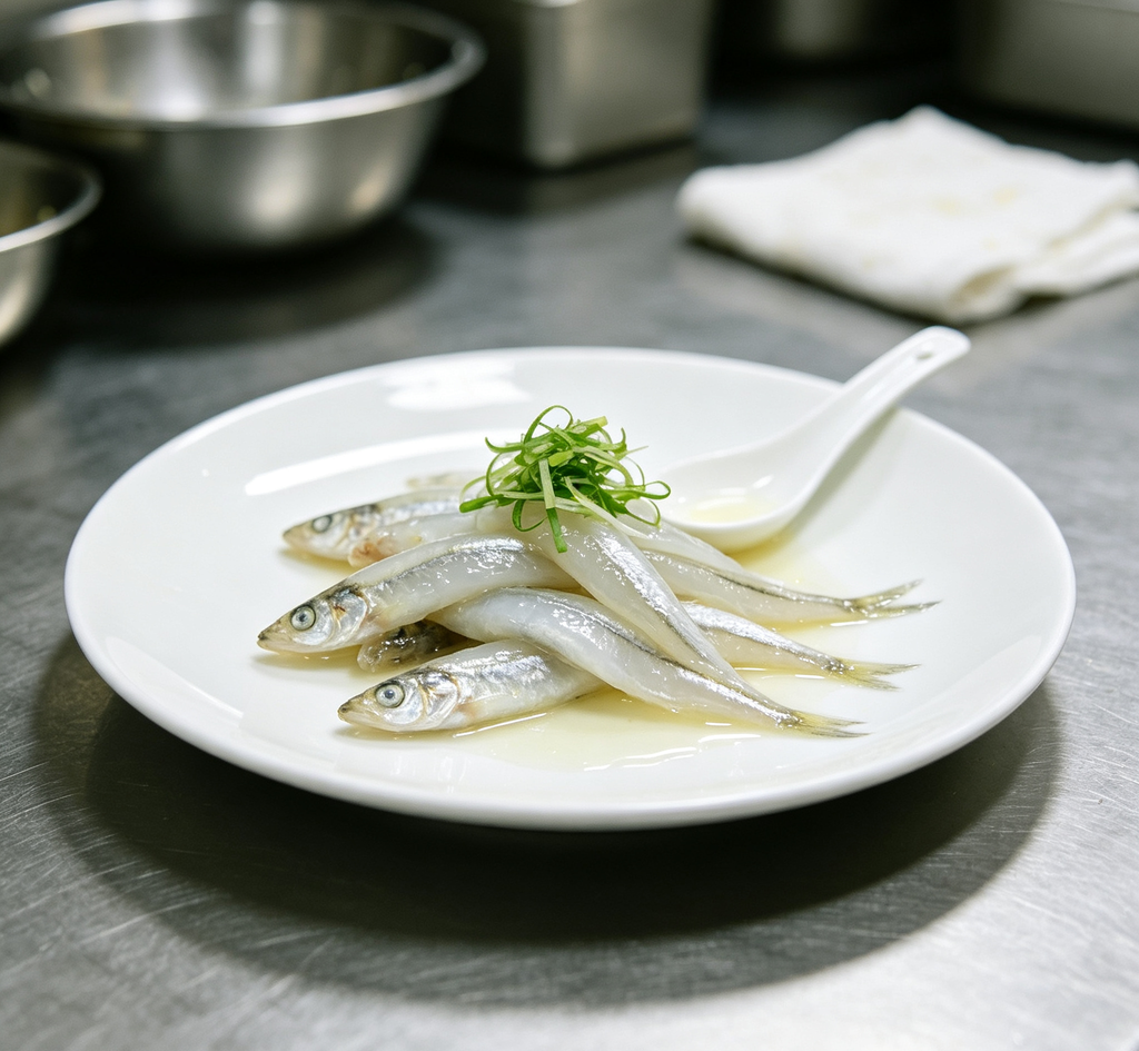 Small whole fish arranged in a neat row