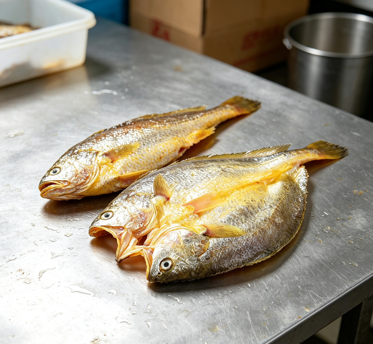 Golden browned whole fish with crisp skin and flaky flesh